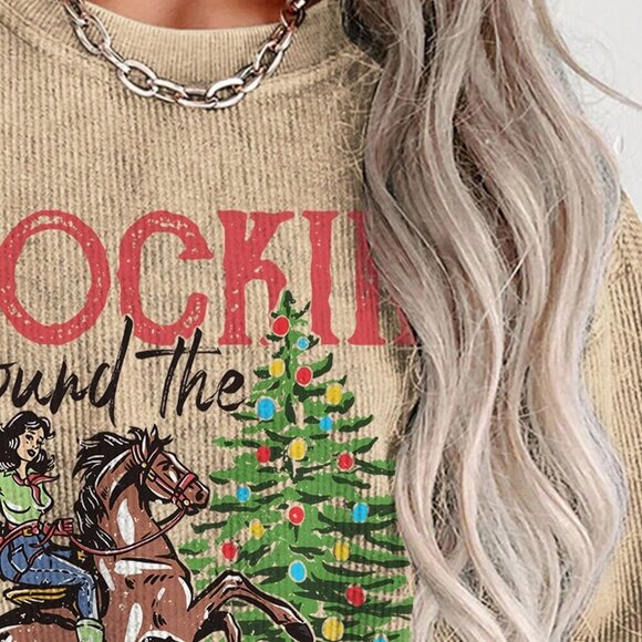 Khaki Casual Women's Christmas Pattern Print Crew Neck Sweatshirt - Picture 5 of 5